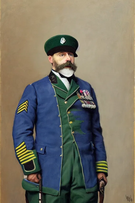 Prompt: full body portrait of the dictator of the minnesota timberwolves, 1 8 8 9, in full military garb, midnight blue, aurora green, lake blue, moonlight grey, oil on canvas by william sidney mount, trending on artstation