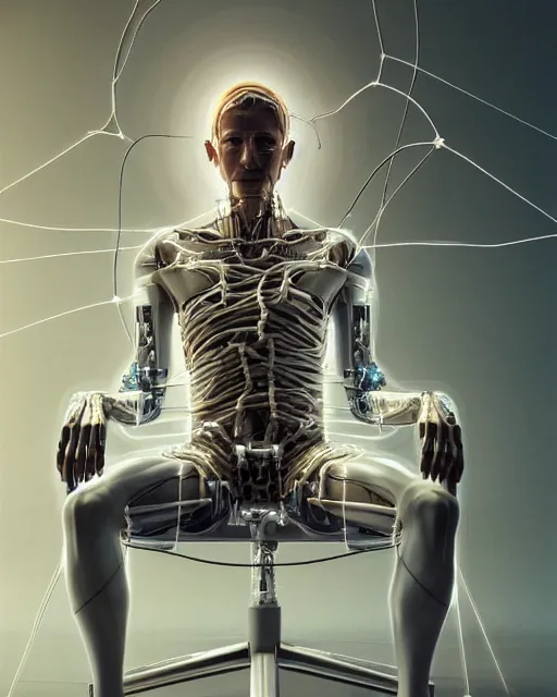 Image similar to a hyperrealistic painting of a human cyborg sitting in a chair with limbs stretched out, tied with electrical cables connected to infinite supercomputers, flood of images flowing from his head, tesseract, vitruvian man, 3 d render, octane, trending on artstation, concept art, insane details, zoomed out