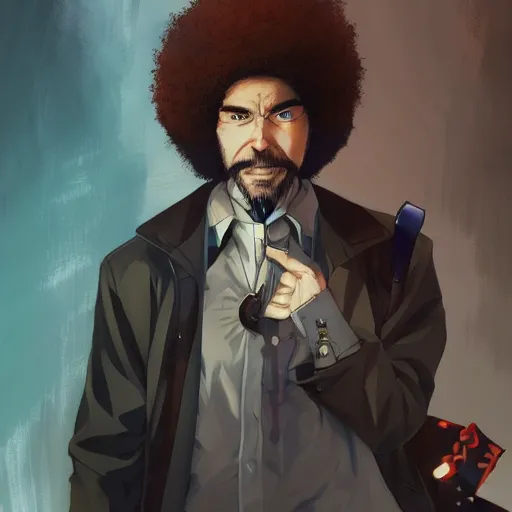 Prompt: An anime portrait of Bob Ross as a ripperdoc , by Stanley Artgerm Lau, WLOP, Rossdraws, James Jean, Andrei Riabovitchev, Marc Simonetti, and Sakimichan, tranding on artstation