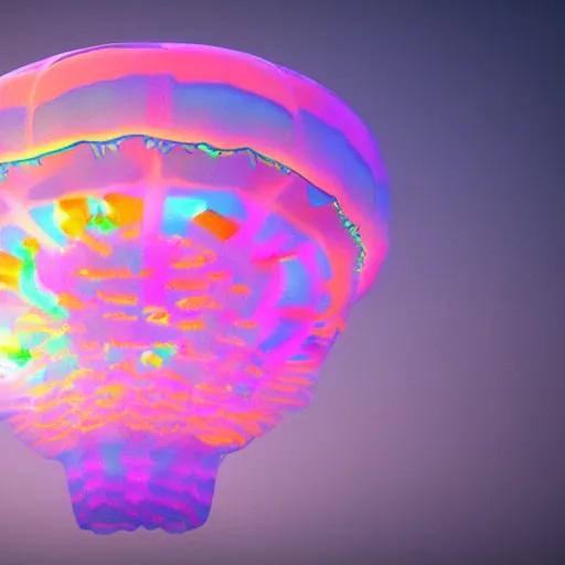 Image similar to sky jellyfish, nighttime color show, glowing jellyfish, flying sky color jellyfish, raytracing, volumetric lighting, lighting high quality 3D render trending on artstation