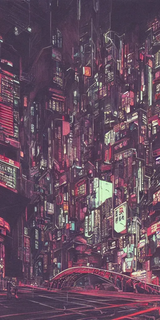 Image similar to beautiful and detailed anime drawing of an GHOST IN THE SHELL-like cyberpunk city landscape with light trail from a motorcycle at the bottom and a bridge silhouette at the top, China at night, 1980s, by Katsuhiro Otomo and mamoru oshii, wide angle, worm's eye view, grand, clean, colorful