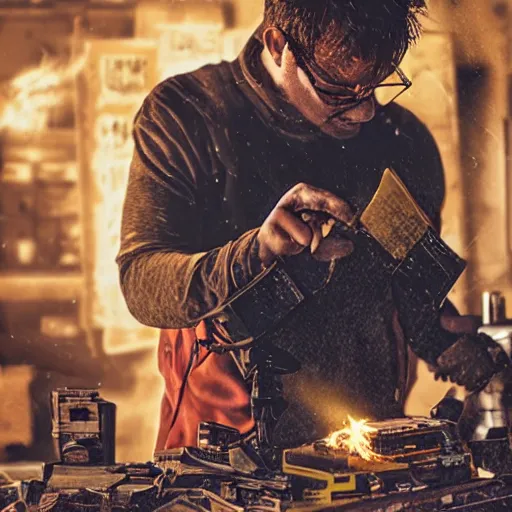 Image similar to augmented human repairing old yellow casette deck, dark messy smoke - filled cluttered workshop, sparks, dark, dramatic lighting, orange tint, cinematic, highly detailed, sci - fi, futuristic, movie still from blade runner