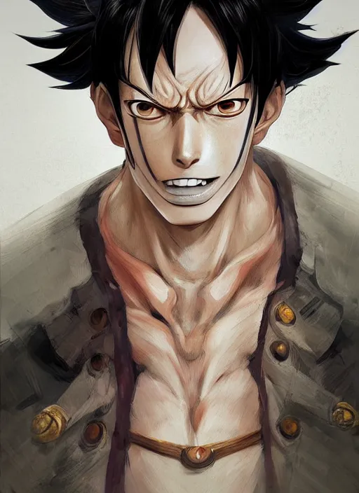 Image similar to a professional digital painting of luffy, beautiful bone structure, symmetrical facial features, intricate, elegant, concept art, sharp detail, focused, illustration, smooth render, art style by Ruan Jia and Mandy Jurgens and Ian Spriggs and William-Adolphe Bouguerea