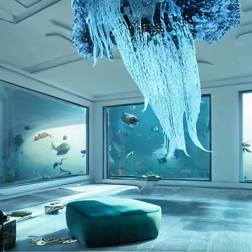 Image similar to real photo of the modern fashionable room as aquarium with a chandelier as a big jellyfish, beautiful corals on the walls and dangerous sharks on the big panoramic window, realism, sharp details, cinematic, a lot of gleans, under the ocean, realistic colors, realistic shadows, daylight by beeple and by greg rutkowski