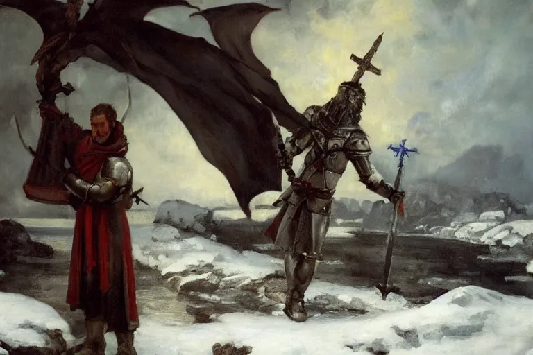 Prompt: landscape realistic painting image of a templar knight with one mechanical hand carrying a fire sword and wielding it at the ice dragon. dramatic scene, realism, created by gustave courbet and michaelangelo, trending in artstation, fine art, smooth draw with oil painting.