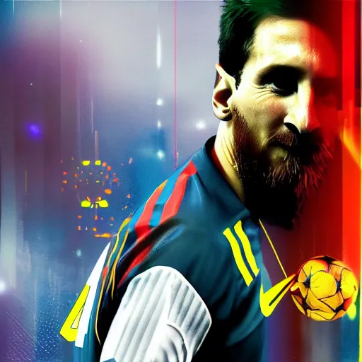 Image similar to messi, cyberpunk aesthetic, soccer, bright