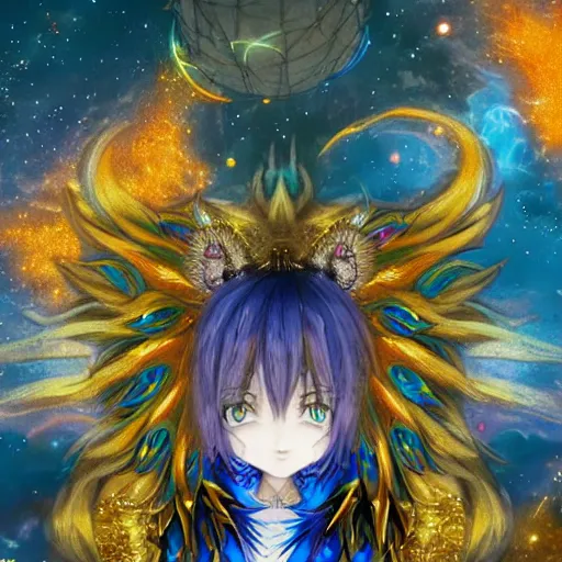 Prompt: portrait from an anime of a colorful blue starry fox peacock character with giant golden demonic fangs, wearing star filled mage robes, sitting in an illuminated observatory at night, art by yuji ikehata, realism, detailed, proper human proportions, fully clothed