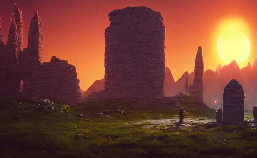 Image similar to A landscape with a single giant stone brick tower with pillars on top at sunset, magical portal, cyberpunk, glowing runes, technology, Low level, rendered by Beeple, Makoto Shinkai, syd meade, simon stålenhag, environment concept, synthwave style, digital art, unreal engine, WLOP, trending on artstation, 4K UHD image, octane render,