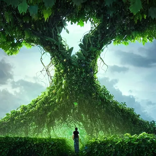 Image similar to giant humanoid Mother Nature made of vines and leaves and a crown made of flowers towering over a tropical island, Dramatic Lighting, Trending on Artstation HQ, 4K, UHD.