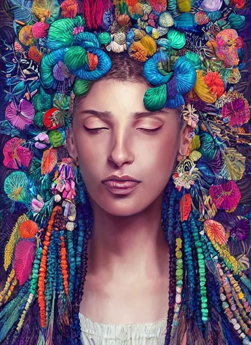 Image similar to beautiful fashion portrait of a mediterranean female wearing fantastic Hand-dyed cotton dress, embellished beaded feather decorative fringe knots ,colorful pigtail,subtropical flowers and plants,symmetrical face,intricate,elegant, highly detailed, 8k,post-processing,digital painting, trending on pinterest, arper's bazaar,concept art, sharp focus, illustration, by artgerm,Tom Bagshaw,Daniel Gerhartz,Albert Aublet,Lawrence Alma-Tadema