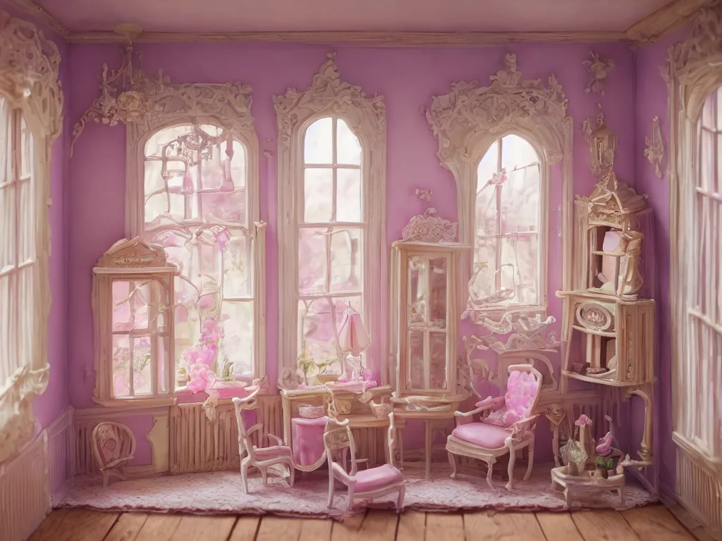 Image similar to hyperrealistic, highly detailed rendering, one source of light, interior of a victorian doll house, polly pocket, cute, strange, pastel tones, victorian furnitures, low natural light, volumetric light windows, oak wood floor, luxe, 8 k, ultra wide angle