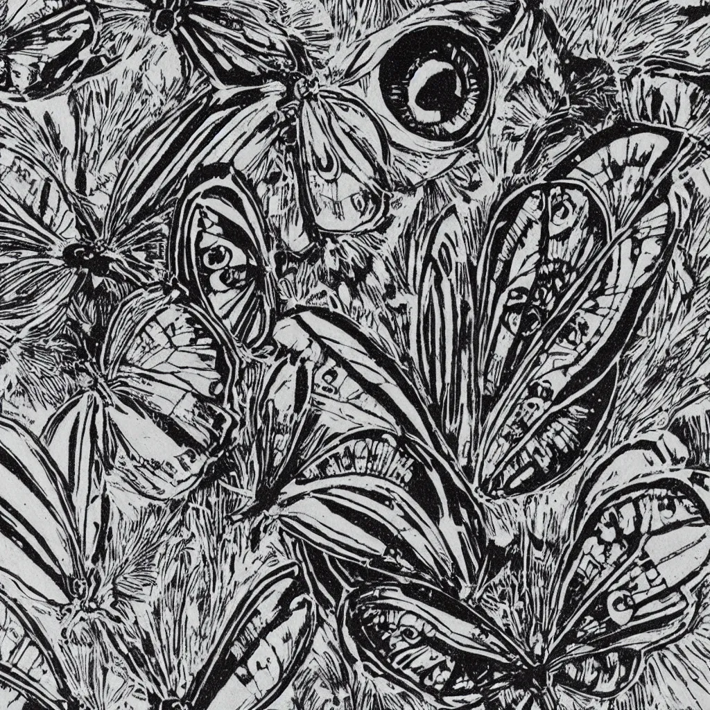 Prompt: details of an art deco engraving made of eyes and butterflies