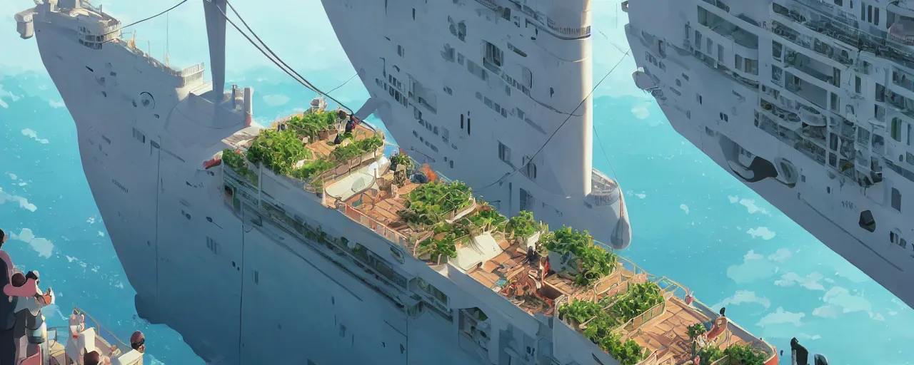 Image similar to nuclear powered cruise ship with vertical farm, detailed, atey ghailan, goro fujita, studio ghibli, rim light, exquisite lighting, clear focus, very coherent,