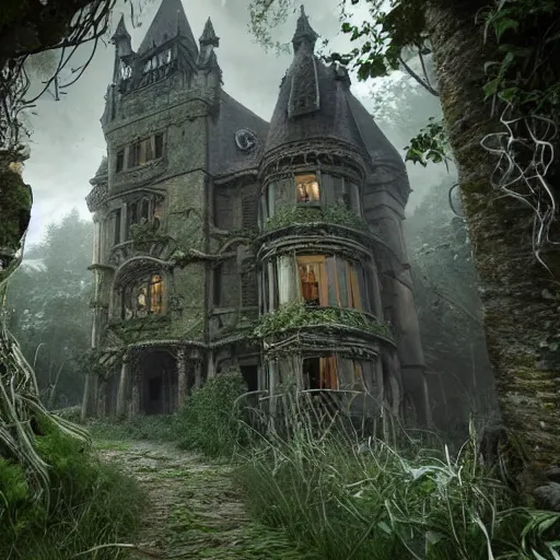 Image similar to overgrown victorian spiderwick abandoned castle, highly detailed, crystal lighting, mystical, ancient forest, hyperrealistic, 4 k, unreal engine, highly detailed, dramatic lighting, magical, beautiful,