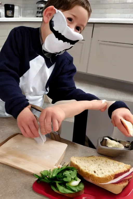 Prompt: a schoolboy in a mask v for vendetta makes sandwiches on the kitchen table