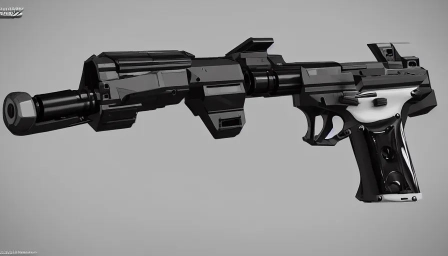 Prompt: extremely detailed realistic side view of a sci fi hyper minimalist magnum pistol coilgun, detailed trigger, chemically propelled, massive battery, smooth streamline, battery and wires, railgun, chemrail, gauss, elegant sleek smooth body, white paint, smooth utopian design, ultra high quality, octane, cod, destiny, warframe, terminator