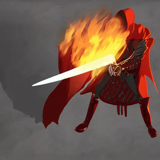 Prompt: A hooded man with fiery golden eyes holding a large sword, concept art