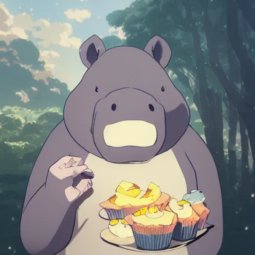 Prompt: a very fat hippo eating cake, illustration concept art anime key visual trending pixiv fanbox by wlop and greg rutkowski and makoto shinkai and studio ghibli and kyoto animation symmetrical facial features