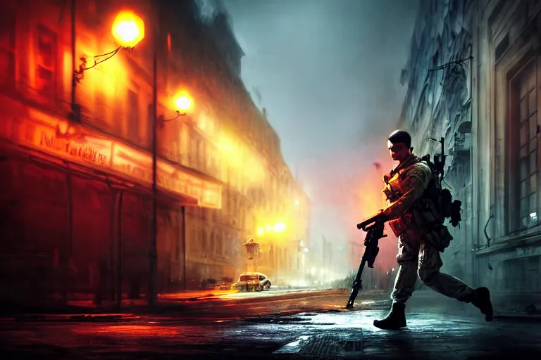 Image similar to battlefield 3, mr bean as protagonist, portrait, outdoors european cityscape, atmospheric lighting, painted, intricate, volumetric lighting, beautiful, daytime, winter, clear weather, mutated wildlife, sharp focus, deep colours, ultra detailed, art by william turner