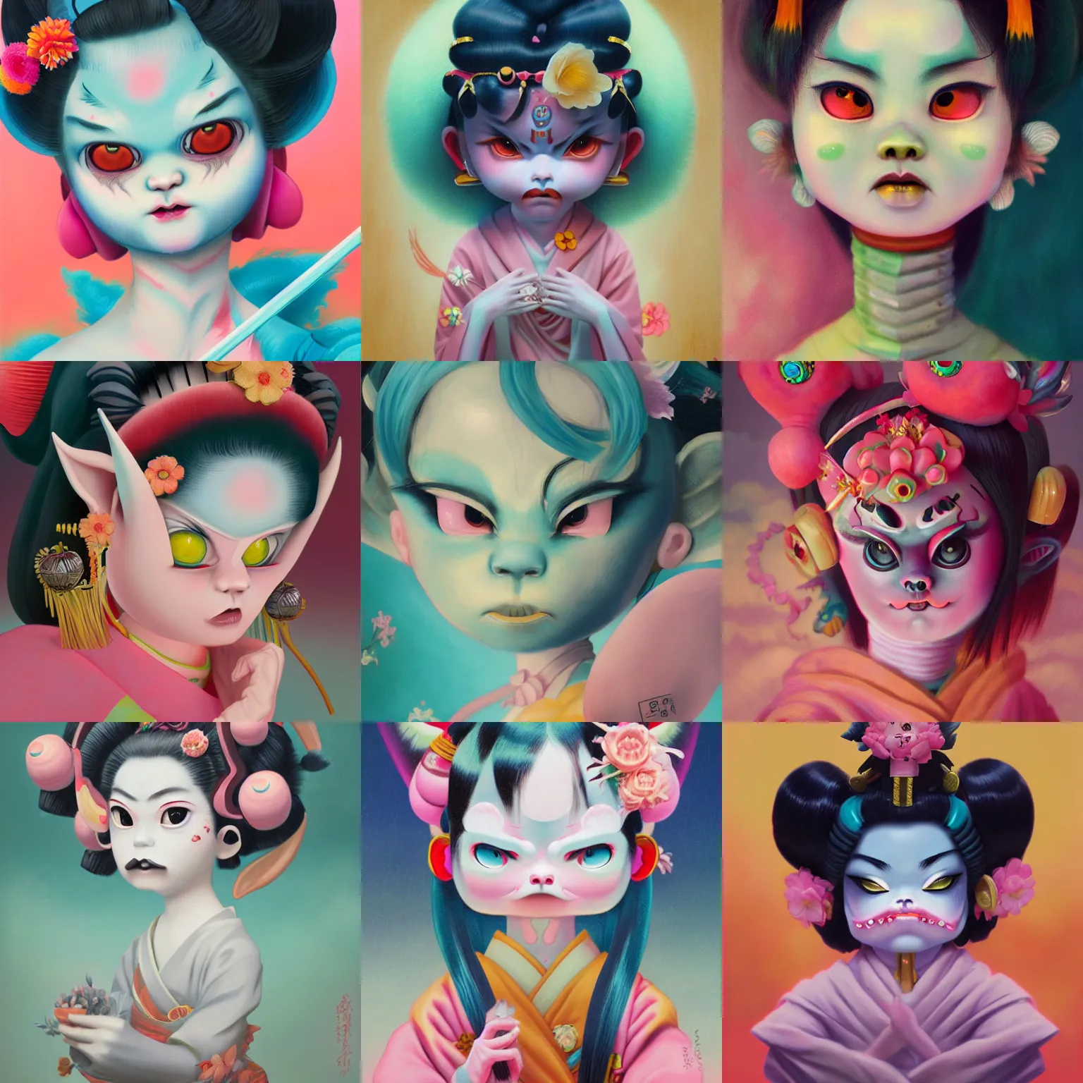 Prompt: a oni demon geisha by amy sol hikari shimoda, mark ryden, cute, weird, cool, pastel colors, artstation, octane 3 d, 8 k