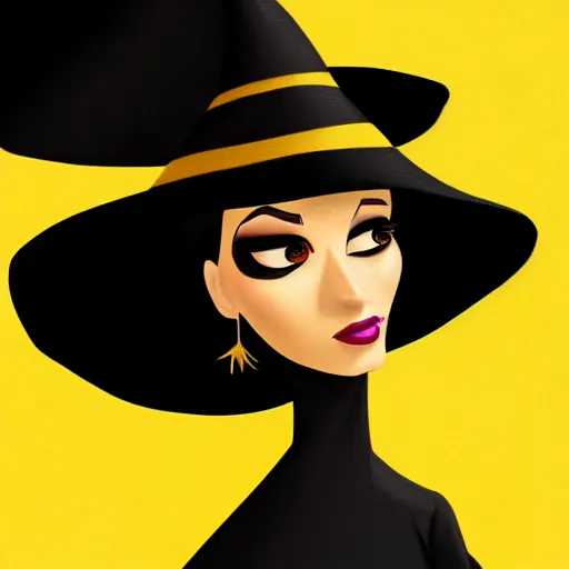 Image similar to portrait of a beautiful female witch in black and golden dress , digital painting , digital art , pixar style , Disney , instagram , trending on artstation