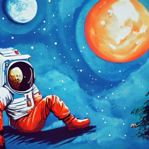 Image similar to an astronaut laying on mars in the style of flooko, acrylic art, detailed, moonlight,