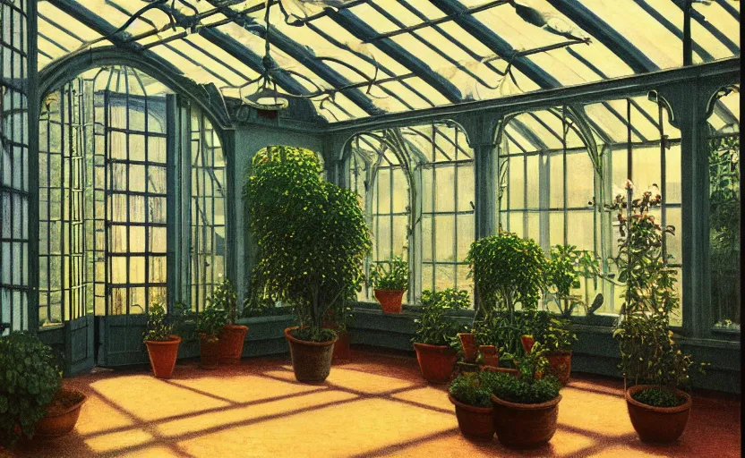 Image similar to an achingly beautiful print of the interior of a victorian greenhouse, and one small potted plant by Raphael, Hopper, and Rene Magritte. detailed, romantic, enchanting, trending on artstation.