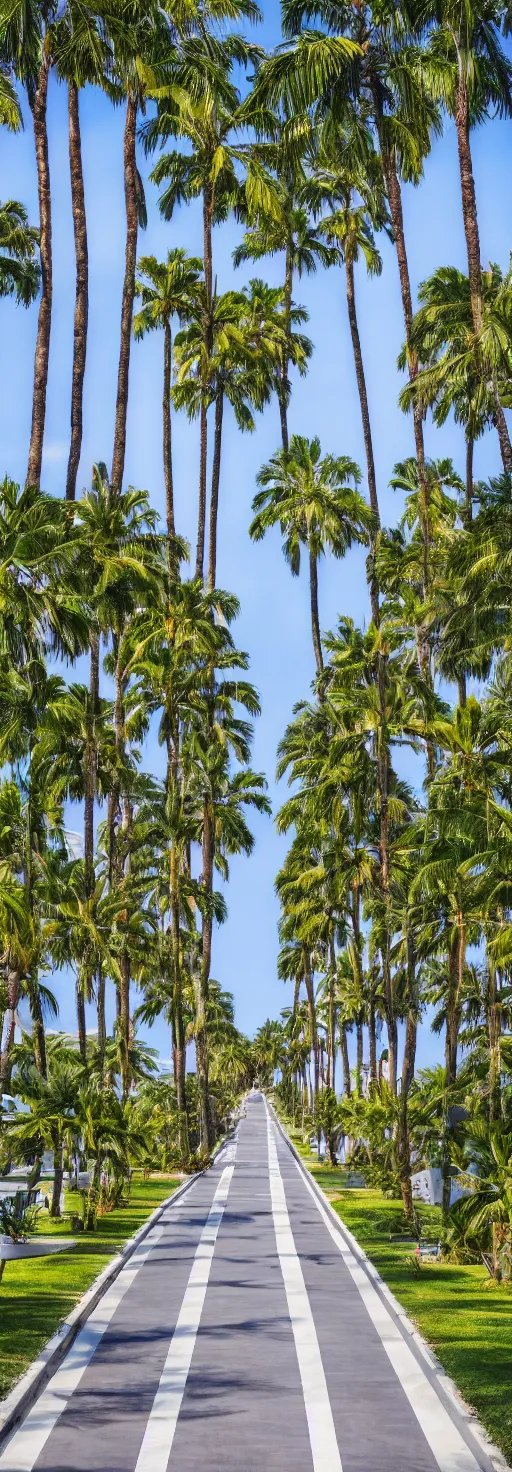 Image similar to satellite photo of walkway, palm trees, bicycles straight lines, accessible for the disabled, by professional photographer, 8 k resolution, photo, high quality