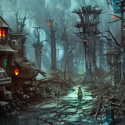 Prompt: A post-apocalyptic village in fairy tale forest in the style of cyberpunk in the style of dark fantasy art Trending on artstation DeviantArt Pinterest detailed realistic HD 8k High Resolution