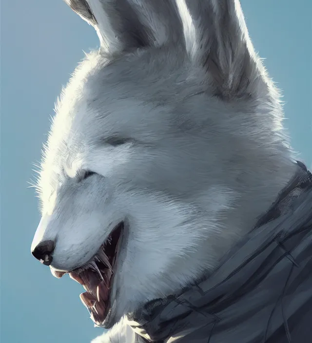 Prompt: a beautiful portrait of a handsome male anthropomorph white wolf furry fursona wearing a hoodie. character design by cory loftis, fenghua zhong, ryohei hase, ismail inceoglu and ruan jia. artstation, volumetric light, detailed, photorealistic, rendered in octane