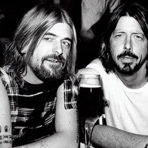 Prompt: Photo of Kurt Cobain and Dave Grohl sharing a beer in a bar