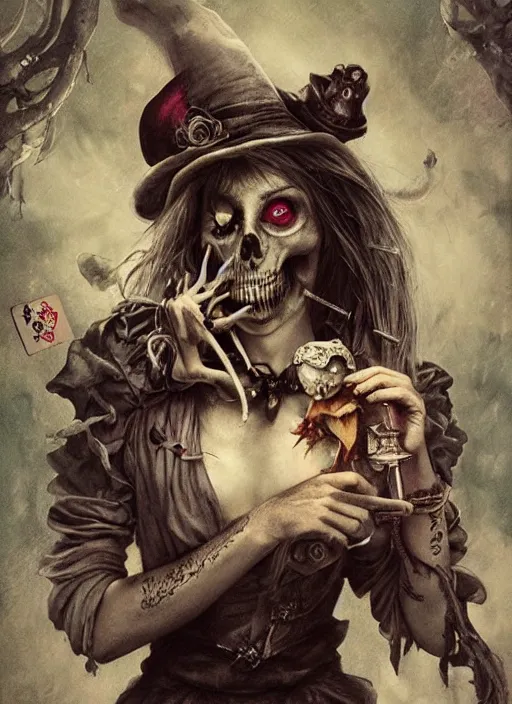 Prompt: Alice in Wonderland,smoking a pipe,death tarot card,highly detailed,half skull face,cinematic,8k,by Stanley Artgermm,Tom Bagshaw,Greg Rutkowski,Carne Griffiths, Ayami Kojima, Beksinski, Giger,trending on DeviantArt,hyper detailed,horror, full of colour