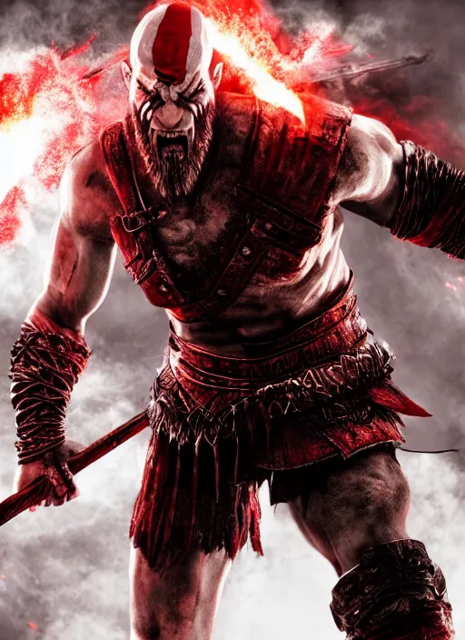 Image similar to red facial stripe armored screaming kratos rocking hard on a flaming stratocaster guitar, cinematic render, god of war 2 0 1 8, playstation studios official media, lightning, flames, clear, coherent, guitar