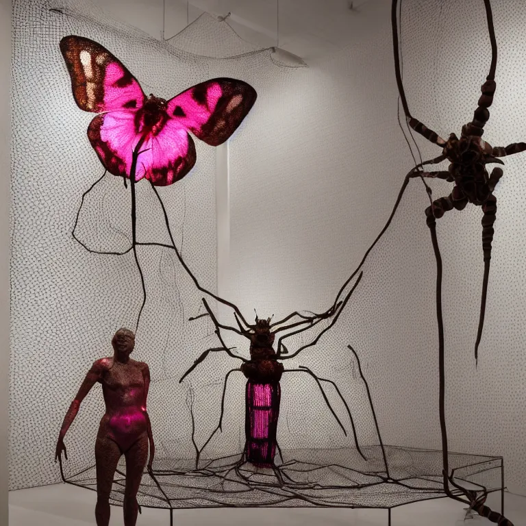 Prompt: hyperrealistic sculpture of a bronze fossilized cecropia moth spider in a large mesh cage made of magenta nylon wire and latex on a pedestal by ron mueck and duane hanson and lee bontecou, hyperrealistic dramatic colored lighting trending on artstation 8 k