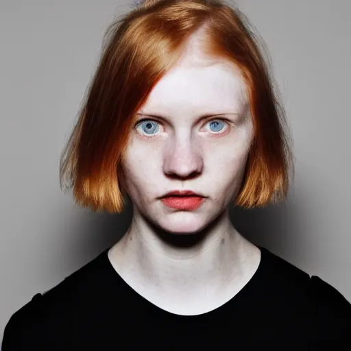 Image similar to an award winning close up portrait of face of cute 1 9 year old white woman with tired eyes, no makeup, strong jawline, skinny, short straight ginger hair in a bob style with no bangs, black t shirt, flash photography, photographed by terry richardson