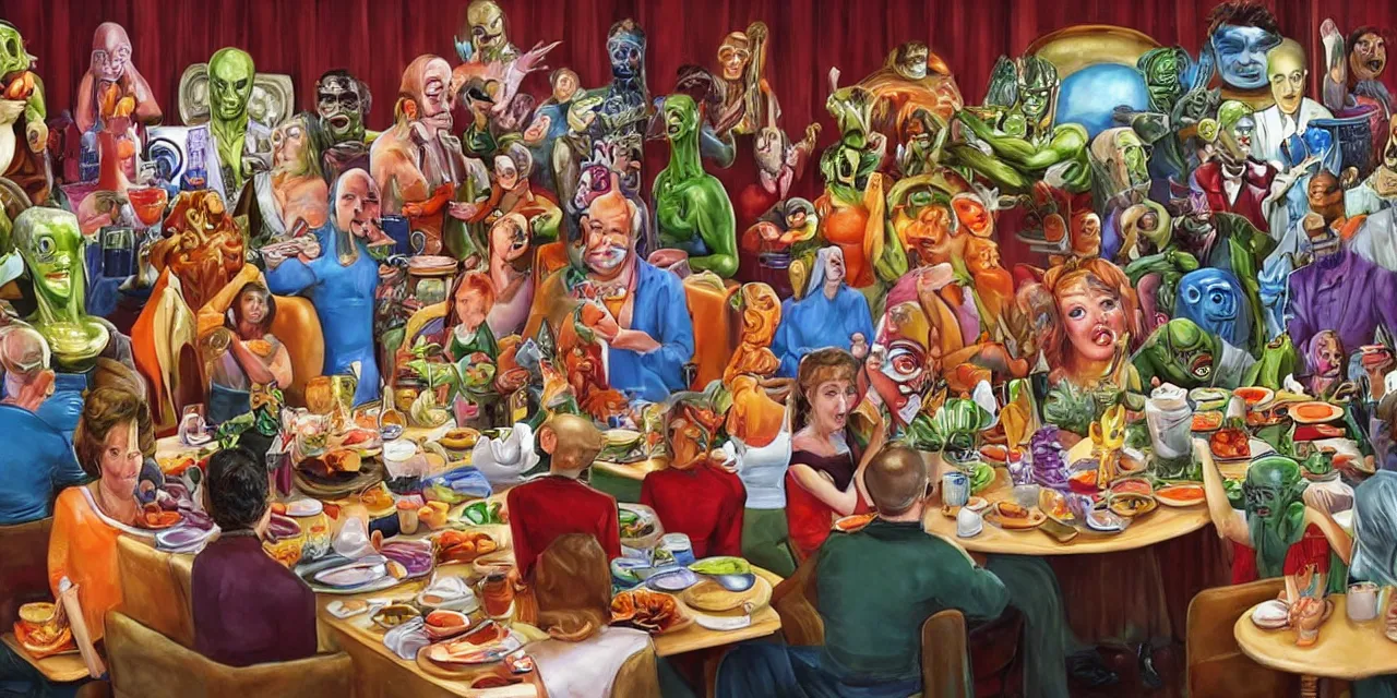 Image similar to big family style diner in the artistic slightly surreal with various gods and alien like beings all wearing costumes of famous people