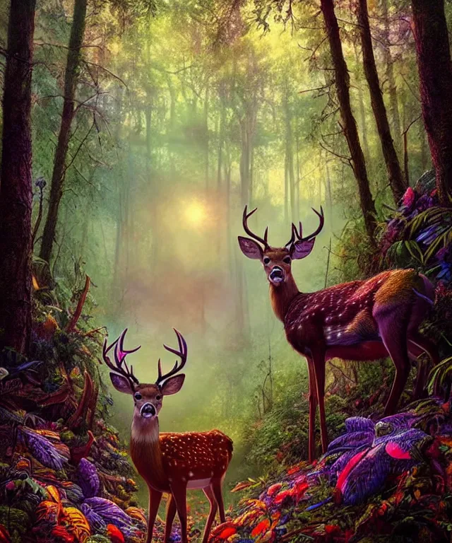 Prompt: a realistic deer, walking through a psychedelic forest, wide angle landscape shot, pixar style by tristan eaton, artgerm and tom bagshaw