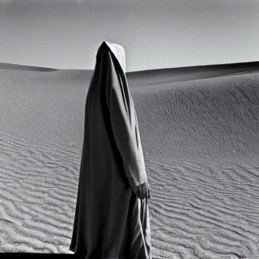 Prompt: a man wearing a long cloak and hood, in the desert, film still, arriflex 3 5