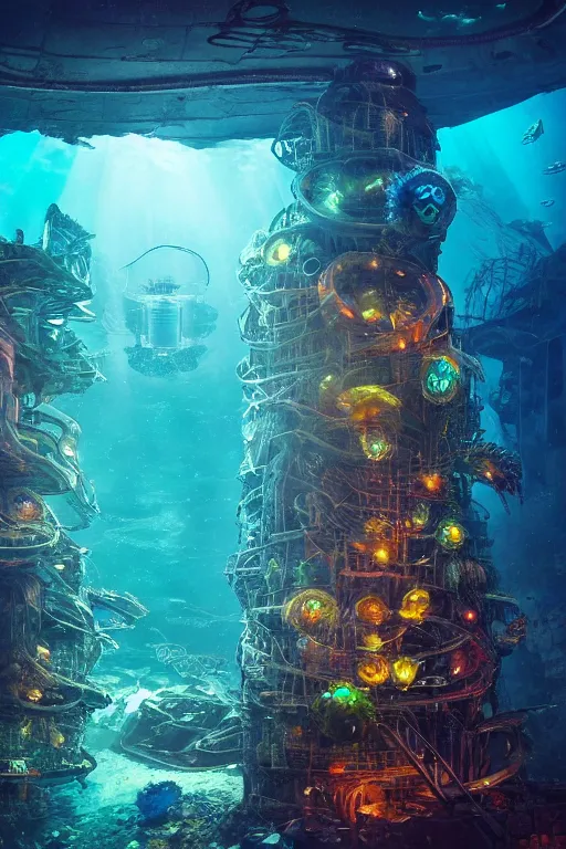 Image similar to high quality photo of cinematic underwater dystopian futurist city ruins with giant bioluminescent multicolored mutant fish and cyborg jellyfish, masterpiece, aykut aydogdu eric zener, very dramatic volumetric light, long shot, ground angle uhd 8 k, deep focus