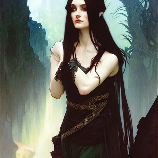 Image similar to Portrait of a pretty half-elf half-vampire young woman. Her hair is both black and white. Her eyes have red irises and vertical pupils. Art by Greg Rutkowski and Alphonse Mucha