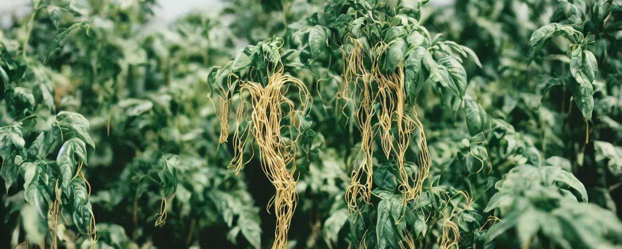 Image similar to zoomed in shot of spaghetti growing off a plant, on a bountiful farm, canon 5 0 mm, cinematic lighting, photography, retro, film, kodachrome