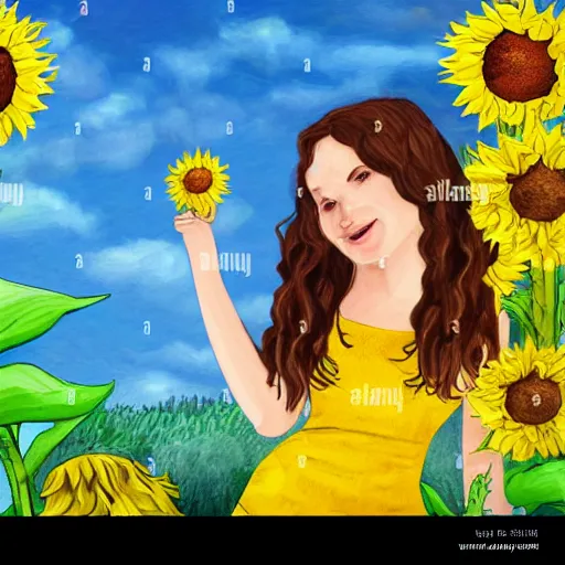 Image similar to Fantasy Map, Illustration of a Ukrainian girl Smiling | Subject Description: Beautiful pretty young, flowers in her dark hair, Scene: Sunflower field, Image Colors: Yellow sunflowers, blue cloudy sky