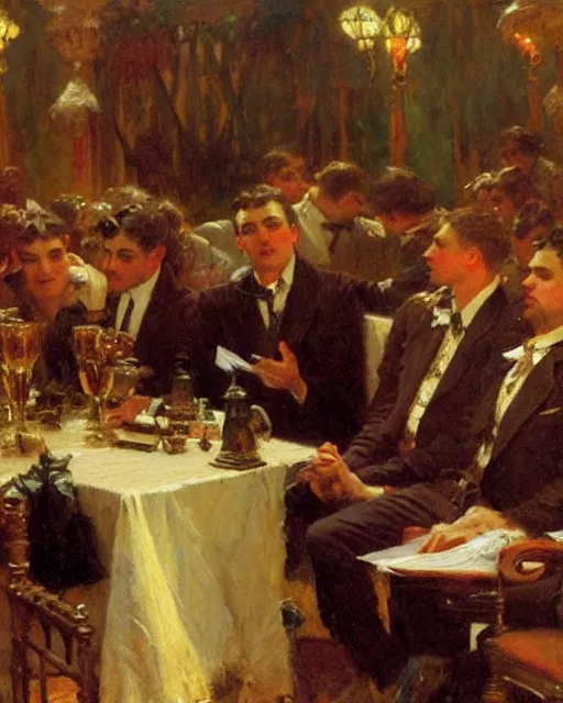 Prompt: an attractive man reciting poetry to a room full of businessmen, painting by gaston bussiere, craig mullins, j. c. leyendecker