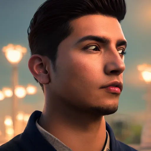 Image similar to portrait art of a good looking young Peruvian man with no facial hair, 8k ultra realistic, lens flare, atmosphere, glow, detailed,intricate, full of colour, cinematic lighting, trending on artstation, 4k, hyperrealistic, focused, extreme details,unreal engine 5, cinematic, masterpiece