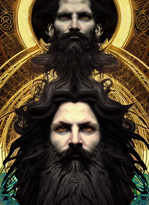 Image similar to angry god zeus, wavy black hair, bushy beard, glowing eyes, volumetric lights, cyan and gold scheme, art nouveau botanicals, gothic, intricate, highly detailed, digital painting, artstation, concept art, smooth, sharp focus, symmetric face, illustration, steampunk, art by artgerm and greg rutkowski and alphonse mucha