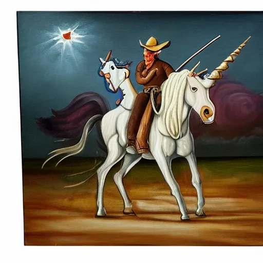 Image similar to a painting of a cowboy riding a unicorn.