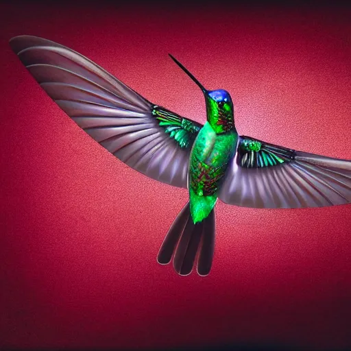 Image similar to realistic!!!! cybernetic!!!!!!!!!!!! Featherless hummingbird, studio lighting, dark background