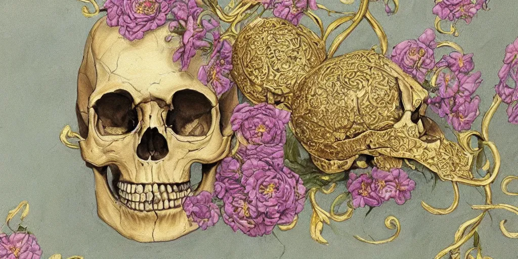 Image similar to a painting of a human skull with delicate ornate golden filigree, surrounded by pastel flowers