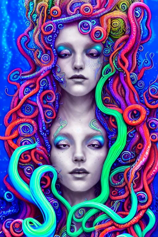 Prompt: A sea goddess with colorful tentacles hair having an extremely colorful psychedelic experience, warping time and space, magic mushrooms, psilocybin, LSD, face, detailed, intricate, elegant, highly detailed, digital painting, artstation, concept art, smooth, sharp focus, illustration, art by Krenz Cushart and Artem Demura and alphonse mucha, Octane render, unreal engine, 8K