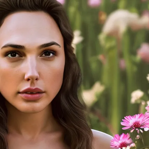 Image similar to photo of the beauty gal gadot, she is posing while maintain a sweet eye contact to the camera, she has a crown of flowers, the photo was taken at sunset with a bokeh effect, photo taken by edward steichen, photorealistic, matte painting, hyper realistic, 4 k, 8 k, cinematic composition, hd, highly detailed, trending on artstation